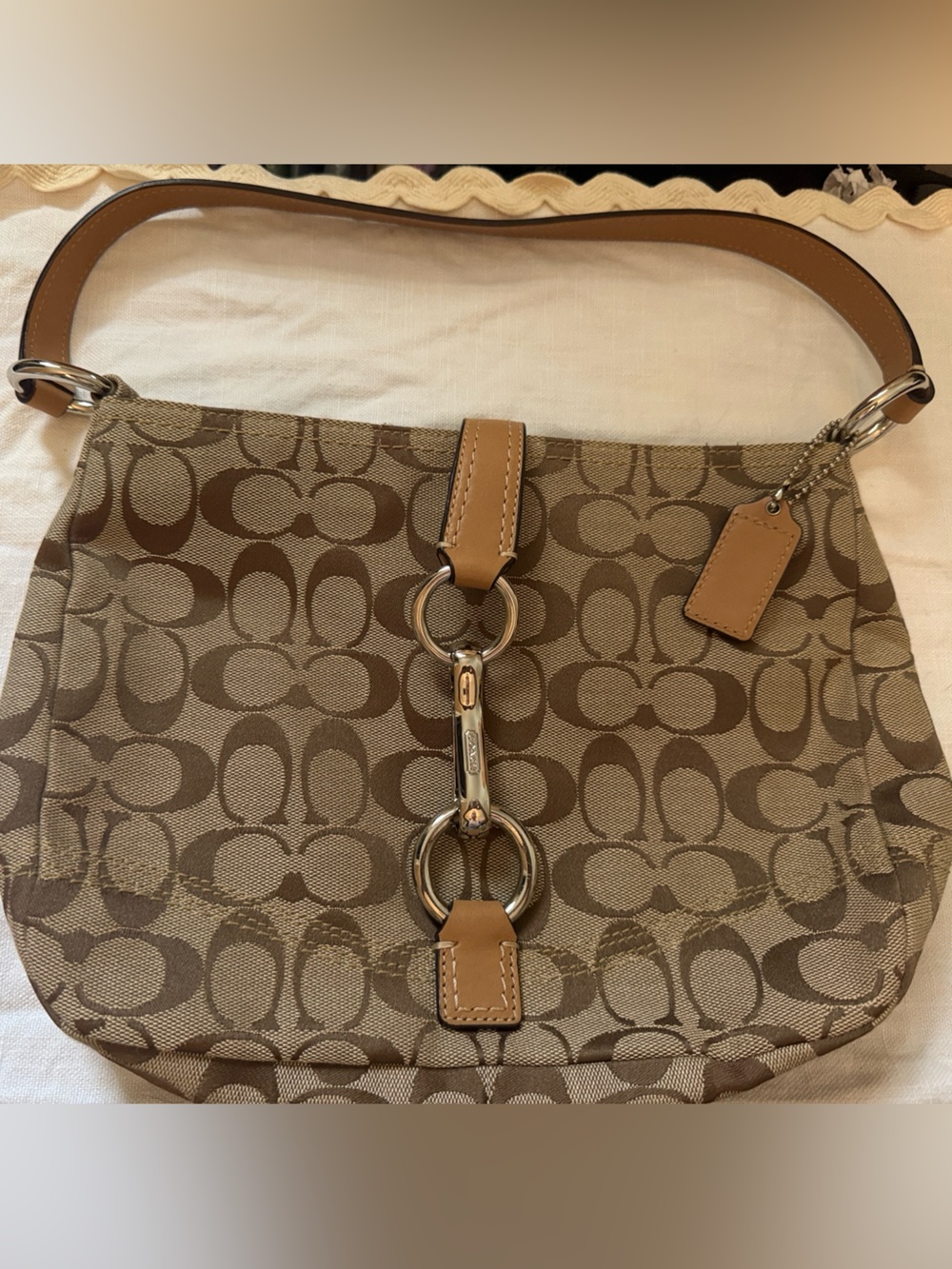Coach Brown Signature Canvas Shoulder Bag with Tan Leather Trim